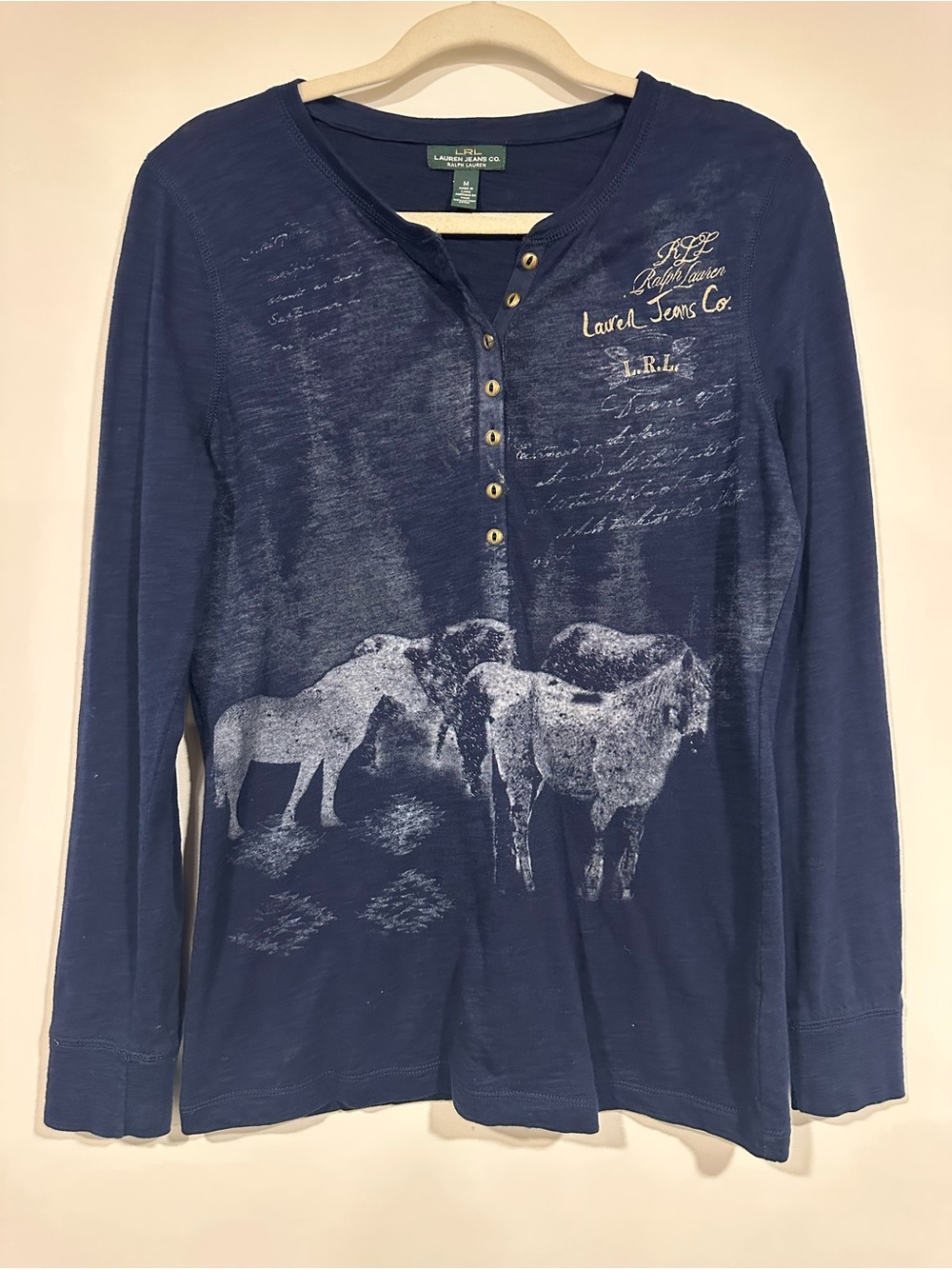 Lauren Ralph Lauren Long Sleeve Shirt Womens M Blue Henley Horse Graphic Top